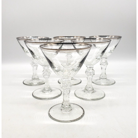 Vintage Stemmed Sherry Glasses 4.5" Tall Set of 6  – Base Trim Worn on Some - Picture 1 of 10